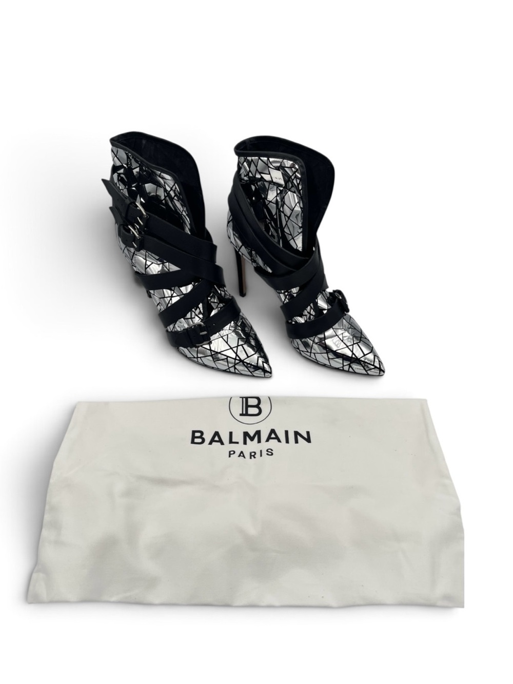 Balmain Jackie Mosaic Silver Mirrored Strappy Stiletto Ankle Boots EU 40 US 10 - Picture 1 of 13